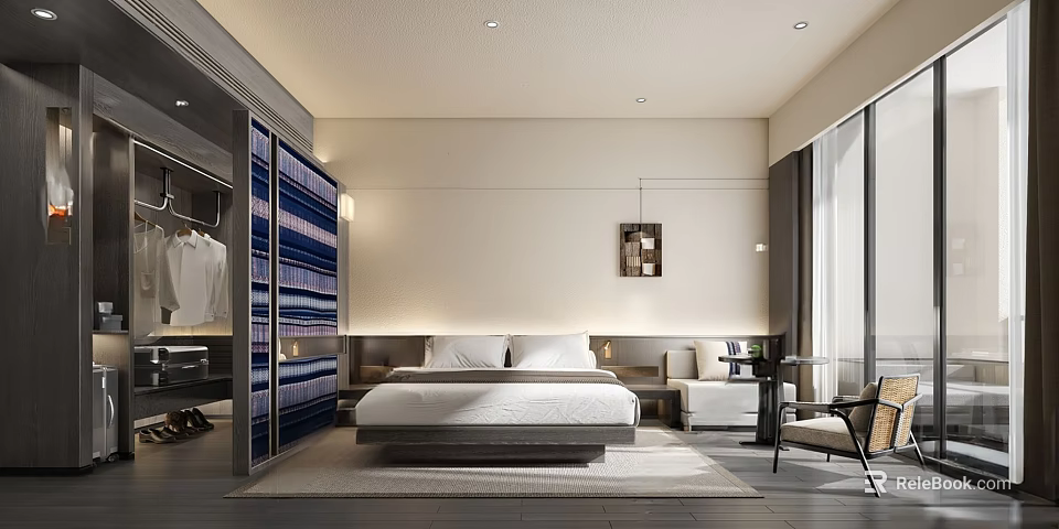 Modern Hotel Guest Room With White Bed Sofa Table Chair And Floor to Ceiling Windows 3d model 