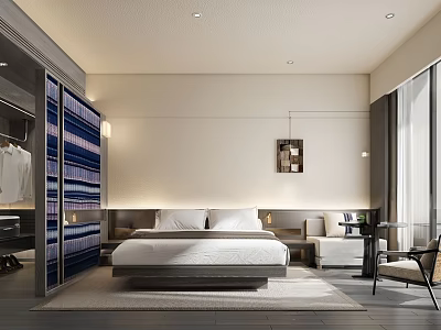Modern Hotel Guest Room With White Bed Sofa Table Chair And Floor to Ceiling Windows 3d model