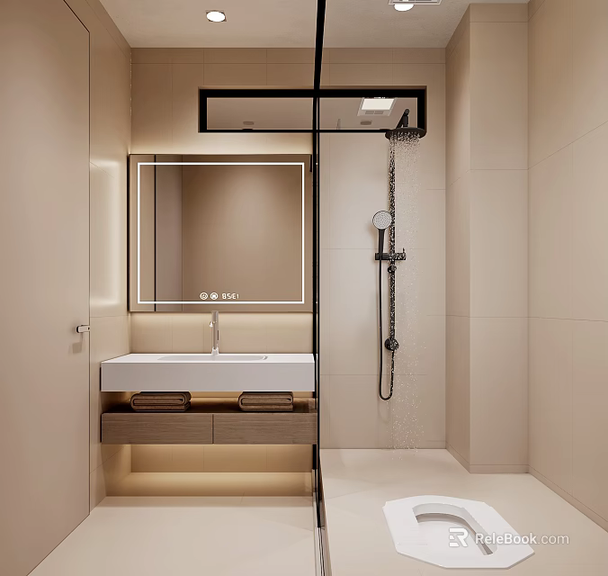Modern Bathroom Interior With Illuminated Mirror Vanity And Shower 3d model 