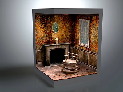 Cozy Room Interior With Fireplace Rocking Chair Window Patterned Wallpaper And Wooden Floor 3d model