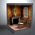 Cozy Room Interior With Fireplace Rocking Chair Window Patterned Wallpaper And Wooden Floor