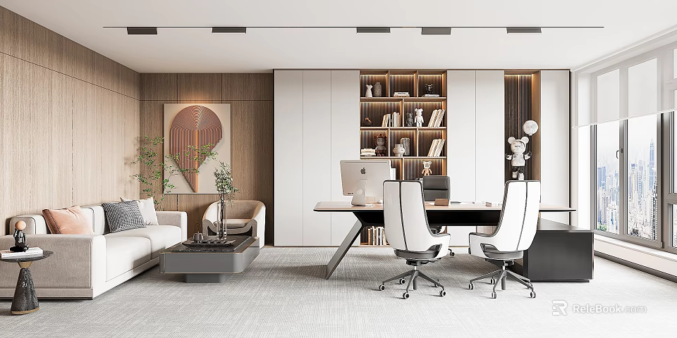 Modern Office Interior With Sofa Coffee Table Plants Bookshelf Books Decorations Desk Computer Office Chairs 3d model 