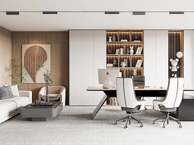 Modern Office Interior With Sofa Coffee Table Plants Bookshelf Books Decorations Desk Computer Office Chairs 3d model