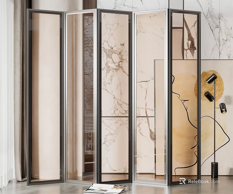 Modern Glass Room Divider With Marble Pattern And Black Frame Design 3d model