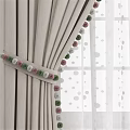Beige Curtains with White Sheer Panels and Decorative Pom Pom Trim for Window
