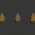 Three Ornate Medieval Helmets With Gold And Blue Metallic Design As Historical Weapons