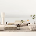 Modern Sofa Coffee Table Set With Ottoman Rug Floor Lamp And Plant Decor