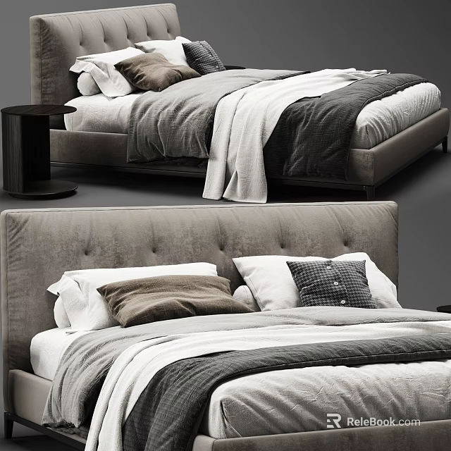 Modern Double Bed Setup With Upholstered Headboard White Brown Plaid Pillows And Layered Bedding 3d model 