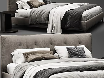 Modern Double Bed Setup With Upholstered Headboard White Brown Plaid Pillows And Layered Bedding 3d model