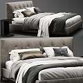 Modern Double Bed Setup With Upholstered Headboard White Brown Plaid Pillows And Layered Bedding