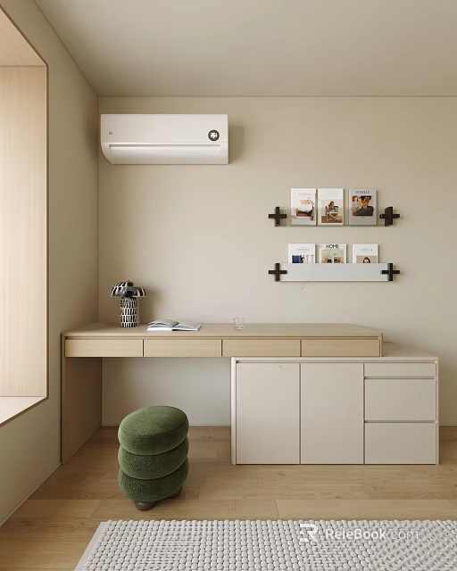 Minimalist Dressing Table with Wall Mounted Photos Books Striped Vase Green Stool and White Drawers 3d model 