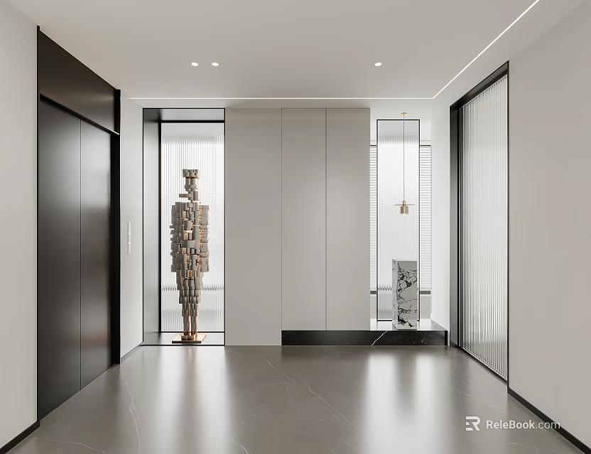 Modern Elevator Hallway With Sleek Flooring Recessed Lighting And Decorative Sculpture 3d model 