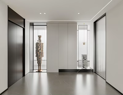 Modern Elevator Hallway With Sleek Flooring Recessed Lighting And Decorative Sculpture 3d model