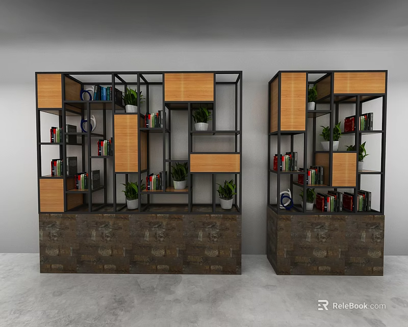 Modern Storage Shelves With Black Frame Wooden Components Books And Potted Plants On Brick Base 3d model 
