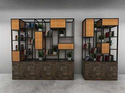 Modern Storage Shelves With Black Frame Wooden Components Books And Potted Plants On Brick Base 3d model