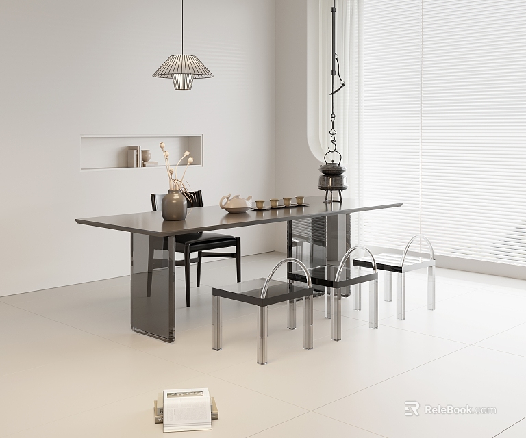 Tea Table and Chairs in Modern Interior with Vase Tea Set Window and Lamp 3d model 