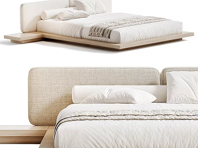 Modern Minimalist Double Bed With Upholstered Headboard Wooden Frame And White Bedding 3d model