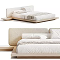 Modern Minimalist Double Bed With Upholstered Headboard Wooden Frame And White Bedding