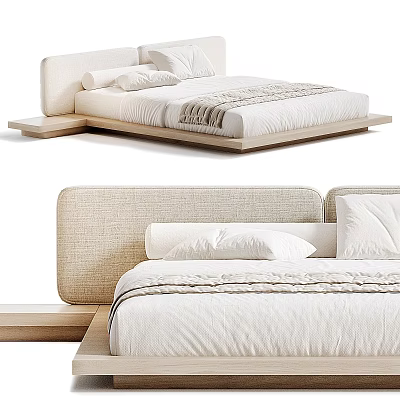 Modern Minimalist Double Bed With Upholstered Headboard Wooden Frame And White Bedding 3d model