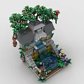 Detailed Building Blocks Scene With Cabin Waterfall Trees And Figures