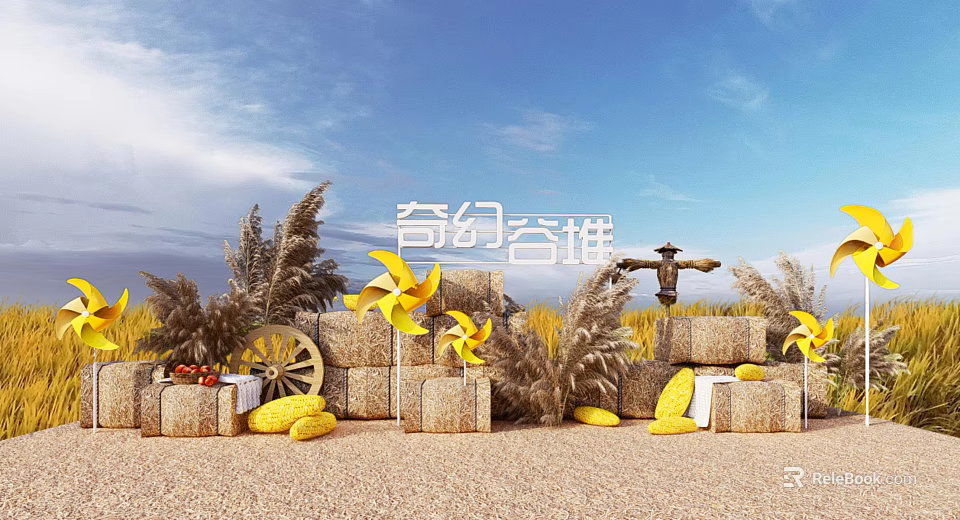 Commercial Equipment For Farm Harvest Display With Hay Bales Windmills Scarecrow And Corn 3d model 