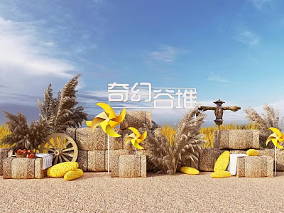 Commercial Equipment For Farm Harvest Display With Hay Bales Windmills Scarecrow And Corn 3d model