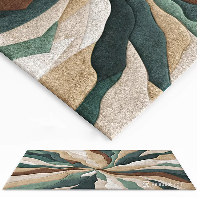 Modern Square Rug With Wavy Abstract Pattern In Green Beige And Brown Tones 3d model