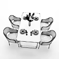 Dining Table Set With Black Metal Frame Grey Upholstered Chairs And Decorative Vase Plates