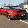 Sleek Red Sports Car Exterior Design Parked On Scenic Road With Trees And Buildings