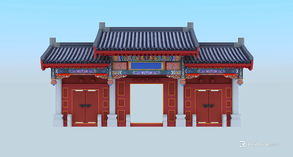 Traditional Chinese Entrance Gate With Black Tiled Roof Ornate Eaves And Red Double Doors 3d model 