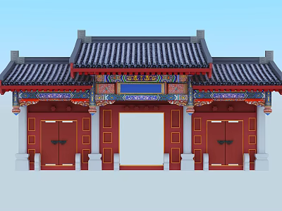 Traditional Chinese Entrance Gate With Black Tiled Roof Ornate Eaves And Red Double Doors 3d model