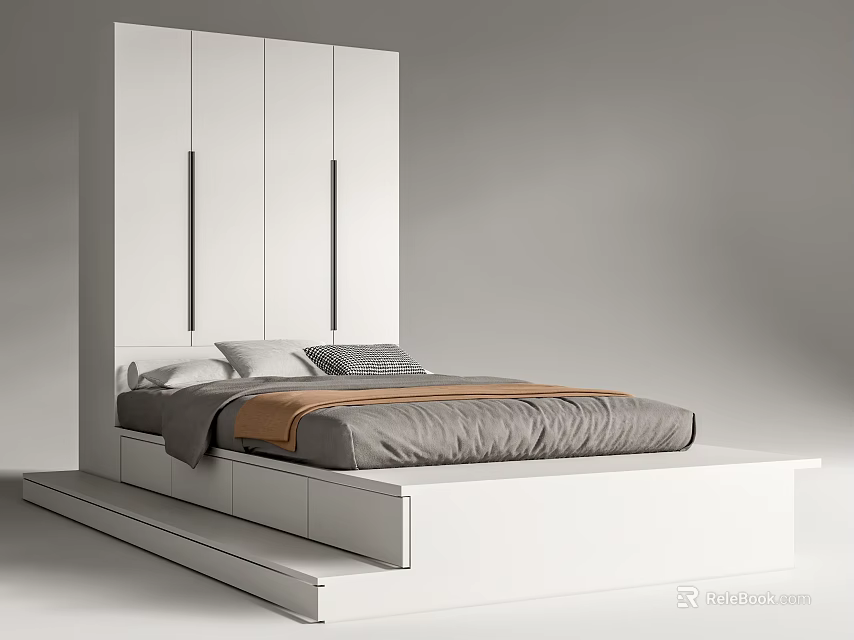 Modern Bedroom Design With White Wardrobe Gray Mattress And Orange Blanket 3d model 