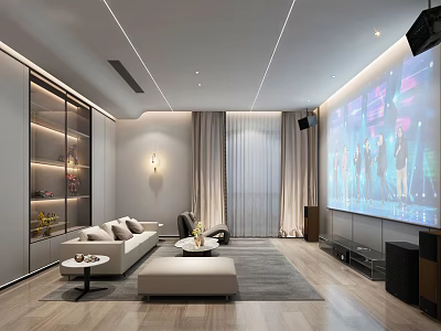 Modern Home Theater Interior Design With Large Screen Sofa Storage Cabinets And Lighting 3d model
