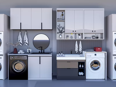 Modern Bathroom Cabinet Rack With Mirror Sink Washing Machine And Storage Towels 3d model
