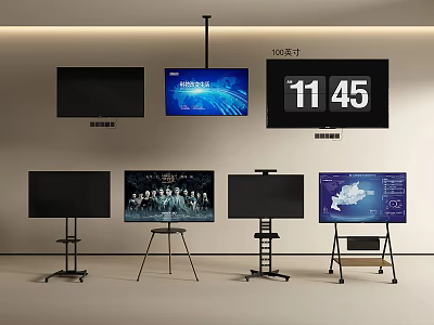 Multiple TVs With Wall Mounted And Stand Mounted Designs Showing Various Screen Contents 3d model
