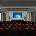 Modern Conference Room With Large Screen Windows Logo Long Tables Chairs And Green Plants