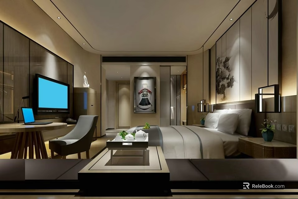 Modern Hotel Guest Room Interior With Comfortable Bed TV And Work Desk 3d model 
