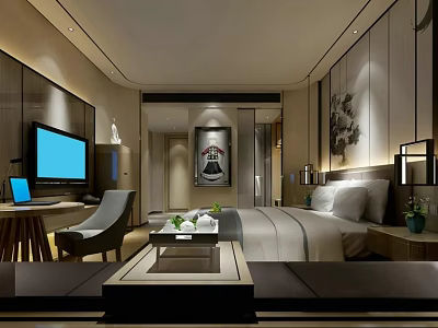 Modern Hotel Guest Room Interior With Comfortable Bed TV And Work Desk 3d model