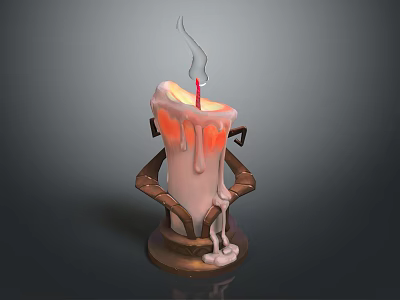 Burning Candle With Melting Wax And Decorative Holder Featuring Flame And Smoke 3d model