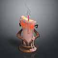Burning Candle With Melting Wax And Decorative Holder Featuring Flame And Smoke