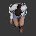 Woman In White Shirt And Blue Denim Skirt Sitting On White Stool With Brown Boots