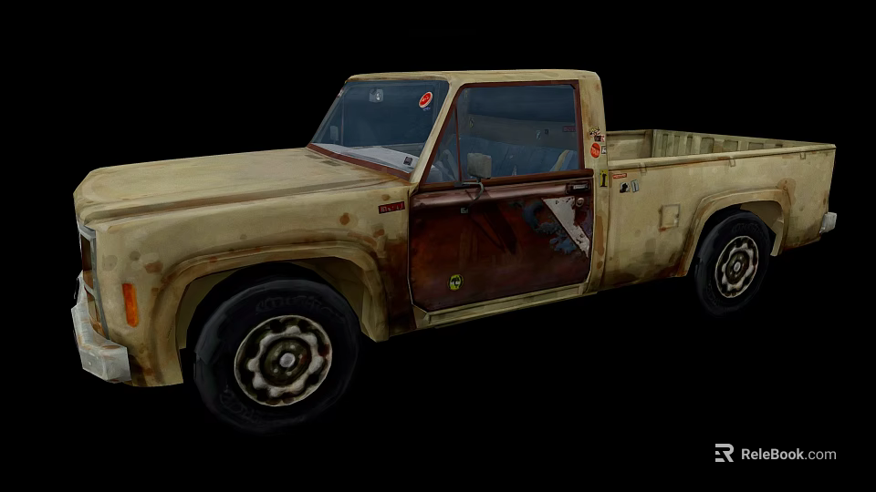 Old Rusty Vintage Pickup Truck With Open Door Weathered Exterior Design 3d model 