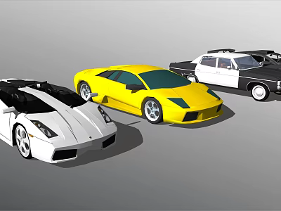 Yellow White And Black Sports Cars With Sedan Display In Studio Setup 3d model