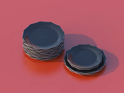 Stacked Black Dinnerware Set With Large And Small Plates On Red Background 3d model
