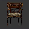 Vintage Accent Chair With Wooden Carved Frame Lattice Back And Patterned Fabric Cushion