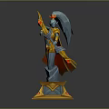 Fantasy Game Character With Blue Hair Red Cape Holding Flaming Bow On Golden Pedestal