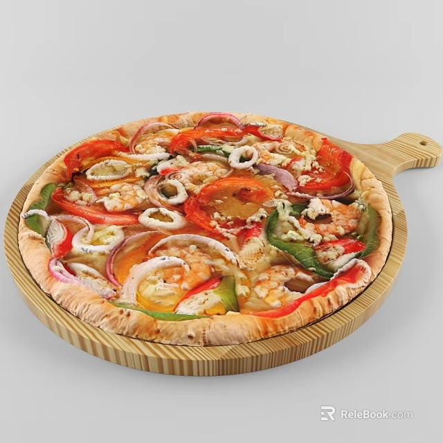 Delicious Fresh Pizza Topped With Shrimp Onions Bell Peppers And Tomatoes On Wooden Tray 3d model 