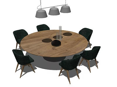 Round Wooden Dining Table Set with Six Green Woven Chairs and Three Gray Pendant Lights 3d model