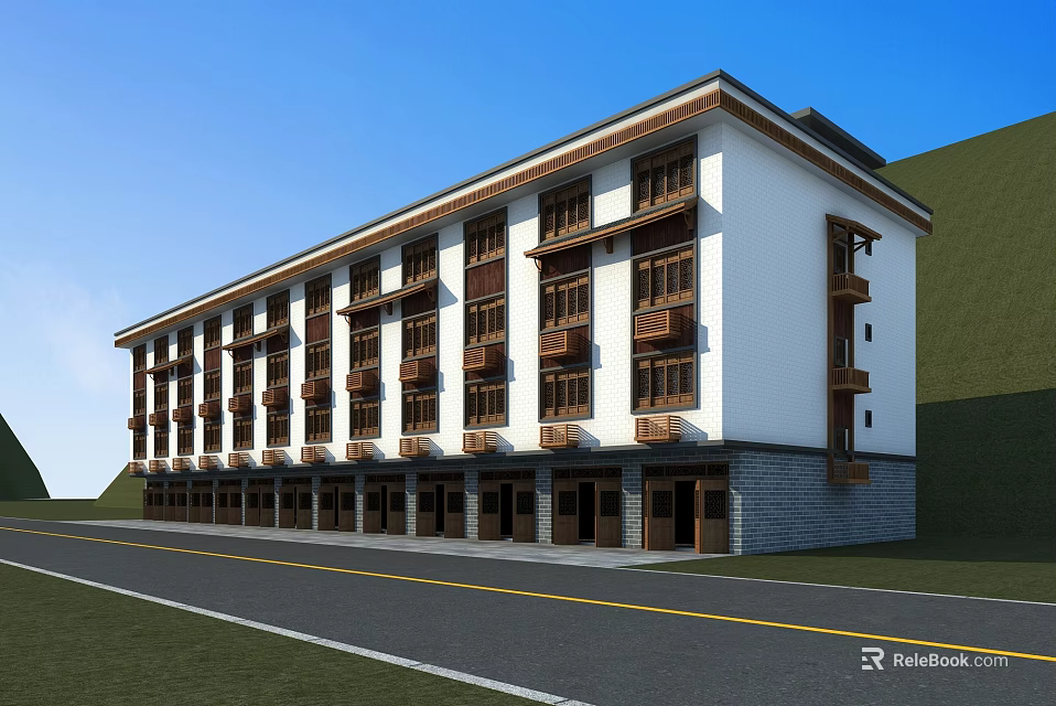Multi Story Building White Exterior Brown Windows Balconies By Road Green Hillside Blue Sky 3d model 