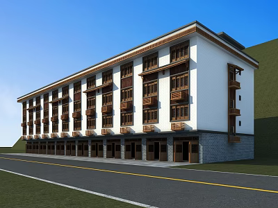 Multi Story Building White Exterior Brown Windows Balconies By Road Green Hillside Blue Sky 3d model